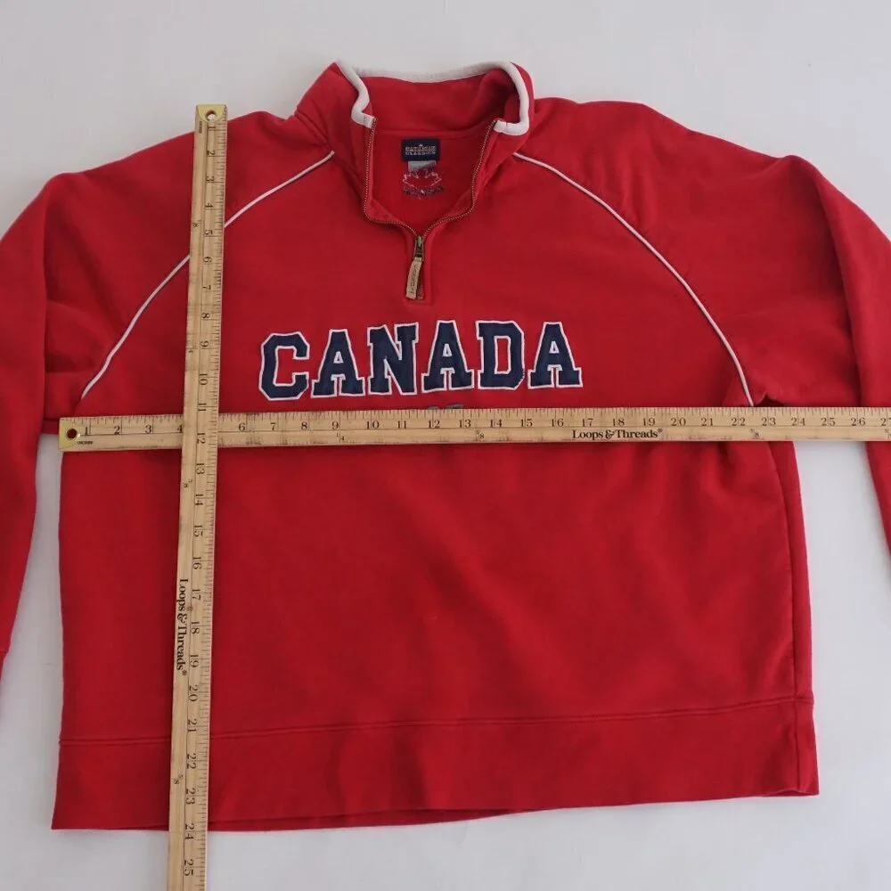 Vintage '90S Canadian Classics Red Navy Cotton Quarter Zip Pull Over Sweater L - Picture 3 of 11
